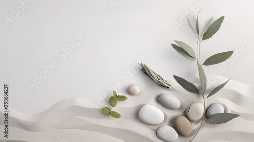 Artistic close-up of a sage twig intermingled with pebble rocks on sand, symbolizing balance and peace, against a white backdrop