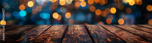 Generative AI image of an empty brown wooden wood board table with blurred abstract night light bokeh background, copy space for display of product or object presentation. photo