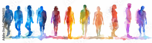 Generative Ai watercolor illustration of a multicolored silhouettes of a group of different people on a white background.