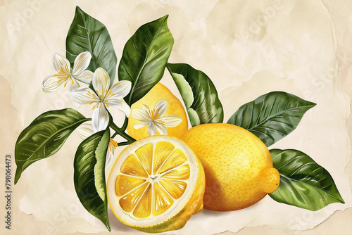 Vintage botanical illustration of a lemon branch in watercolor style. Generative AI. Isolated lemon tree branch on a vintage paper background. Copy space.