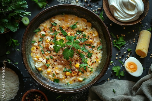 A bowl of corn and egg soup, surrounded by ingredients like white silk and yellow popsicles, in a top view