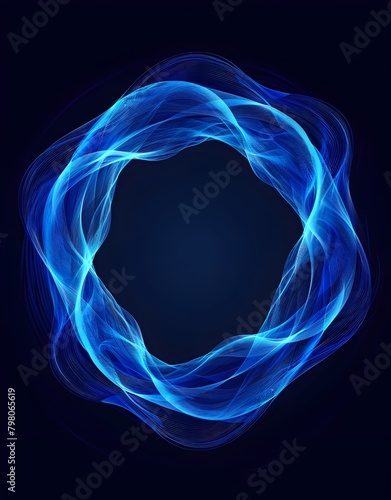 Vector illustration of an abstract blue circular ring made from wavy lines, vector graphic, simple shapes, flat design, on dark background, "Weathervane suhigh" style raw 
