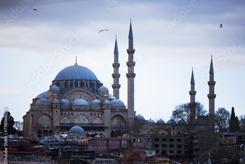 birds flying over bebek camii, istanbul, turkey