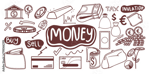 Hand drawn doodle set of world money currency vector illustration.