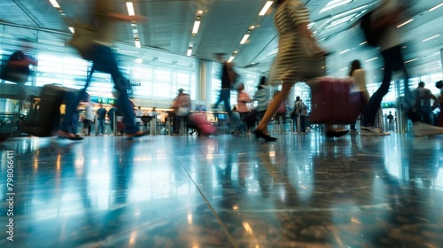 A blur of people walking in different directions fills the defocused background of this image highlighting the diverse mix of cultures and destinations represented in an airport terminal. .