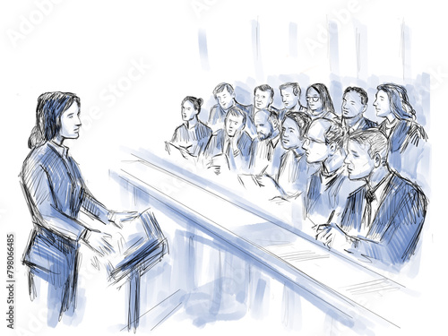Pastel pencil pen and ink sketch illustration of a courtroom trial setting lawyer of defendant, plaintiff, addressing jury in closing argument in court case in judiciary court of law and justice.