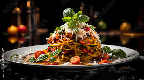 A plate of spaghetti with meat sauce, garnished with fresh basil and Parmesan cheese