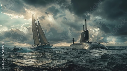 The ocean plays the stage to an unlikely encounter, where a humble yacht and an enormous submarine cross paths. photo