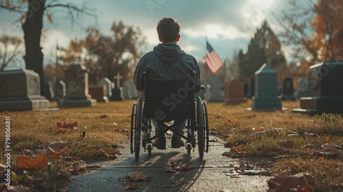 Wallpaper Mural Captured from behind, a young man in a wheelchair watches the gravestones of his loved ones, an American flag fluttering over the somber scene. Torontodigital.ca