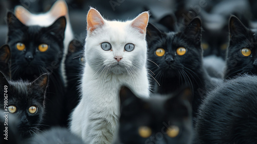 A white cat's presence among a pack of black ones symbolises standing out and possessing a unique character amidst the crowd. photo