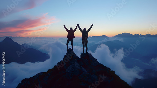 Two Hikers celebrate on a peak, surrounded by mist and dawn’s soft light © Varun