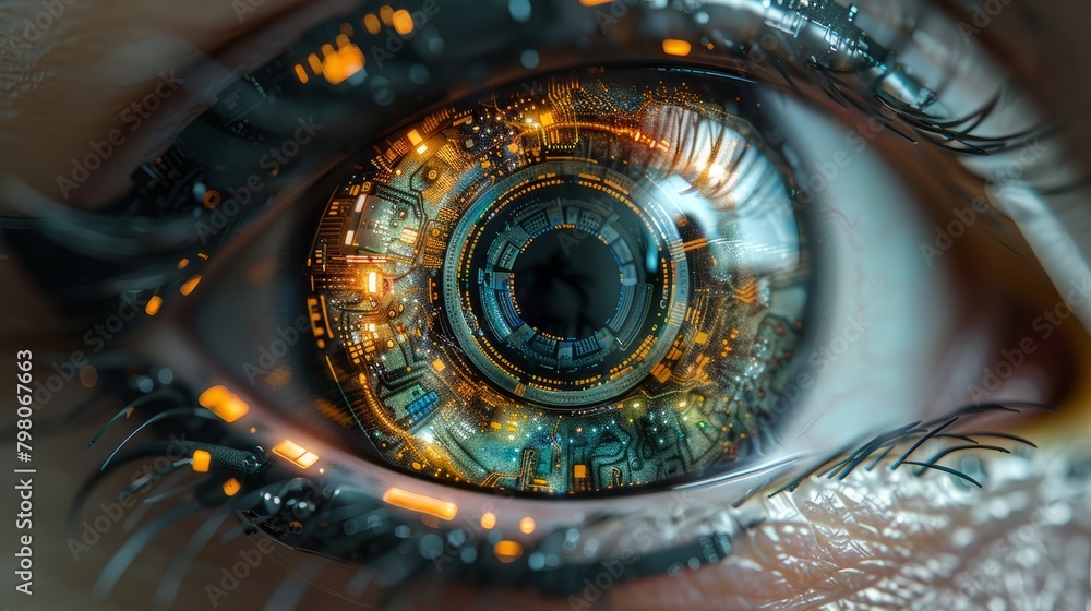 A close-up reveals an intricate blend of human eye and artificial intelligence, where a microchip intermingles seamlessly with biological details.