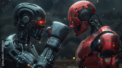 Robotic warriors clad in boxing gloves facing off in a ring, their every move a testament to technological innovations in the field of artificial intelligence.
