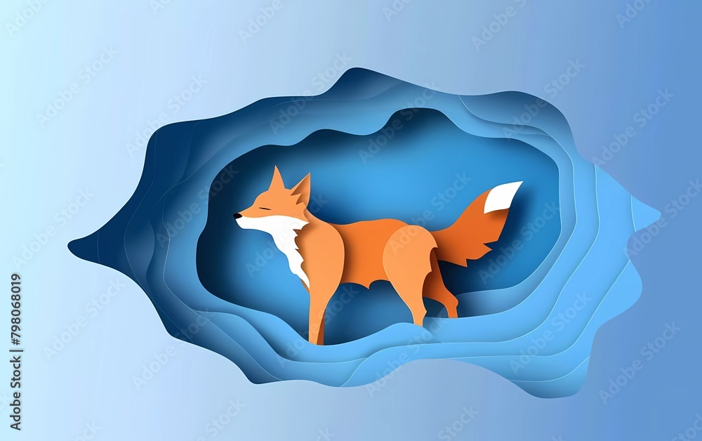 Naklejka premium Paper cut Fox icon isolated on blue background. Paper art style. Vector Illustration
