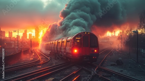 The locomotive consumed by fire, a grim sight amidst the daily operations of the railway station platform, a catastrophe that demands urgent attention and action. photo