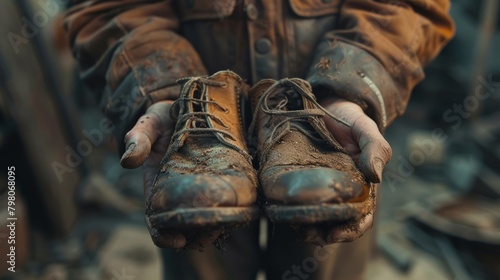 In man's hands are a pair of smudgy boots, coated in a thick layer of mud from a rainy day, tolerating the inevitable outcomes of inclement weather. photo