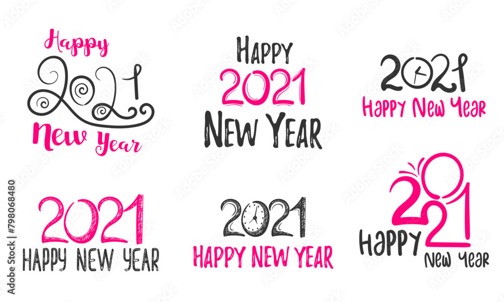 PNG, Big set of 2021 Happy New Year logo text design in hand drawn style. Design concept for Chinese New Year holiday card, banner, poster, decor element. Winter Christmas holiday symbol. Vector.
