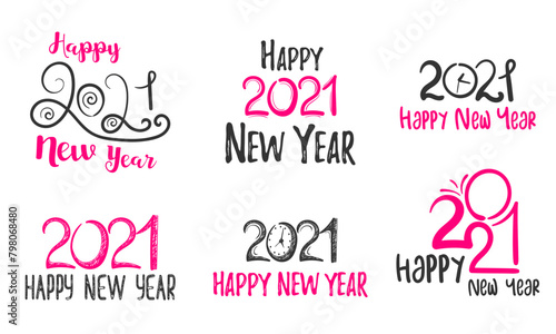 PNG  Big set of 2021 Happy New Year logo text design in hand drawn style. Design concept for Chinese New Year holiday card  banner  poster  decor element. Winter Christmas holiday symbol. Vector. 