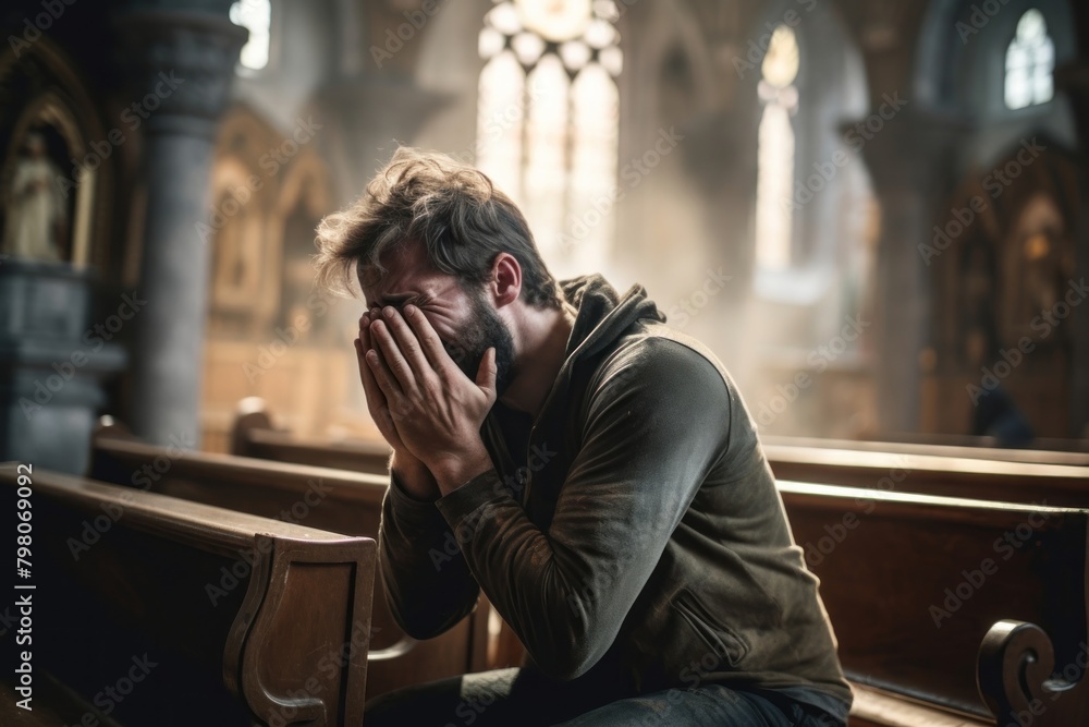 Hopeless man crying talking to god in church worried adult disappointment.