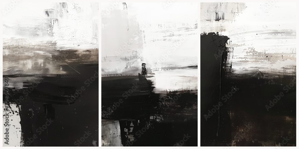 Three vertical painting collage, abstract minimalist background design for wall decoration, black and white color poster. Contemporary art, oil painting, broad brush strokes, for wall decoration.
