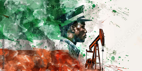 Nigerian Flag with a Nollywood Actor and a Oil Driller - Picture the Nigerian flag with a Nollywood actor representing Nigeria's film industry and an oil driller photo