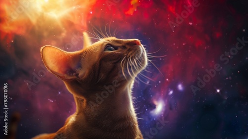 The Abyssinian cat gazes upwards at the cosmic light, reflecting a sense of wonder