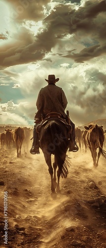 A man in a cowboy hat rides a horse through a dusty, barren landscape