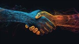 Detailed digital art of a handshake between two glowing wire-frame hands, vividly rendered on a black background