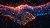 Detailed digital art of a handshake between two glowing wire-frame hands, vividly rendered on a black background