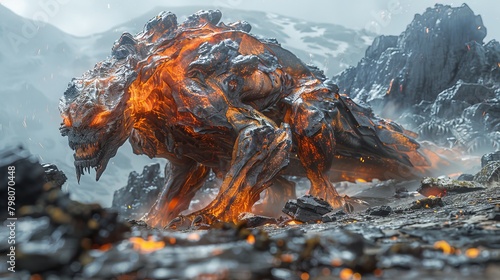A large, fiery monster is walking through a rocky, desolate landscape