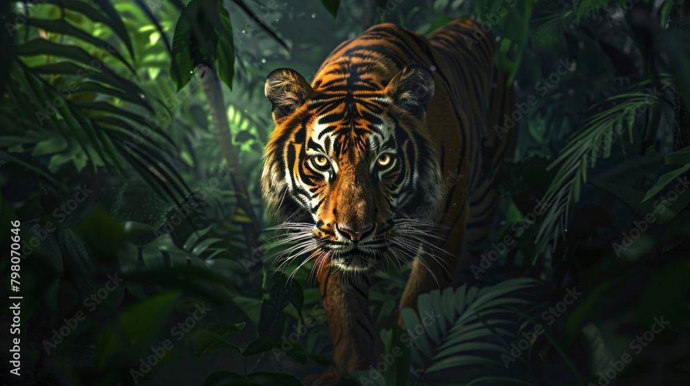 Majestic tiger prowling through the dense jungle Majestic tiger prowling through the dense jungle