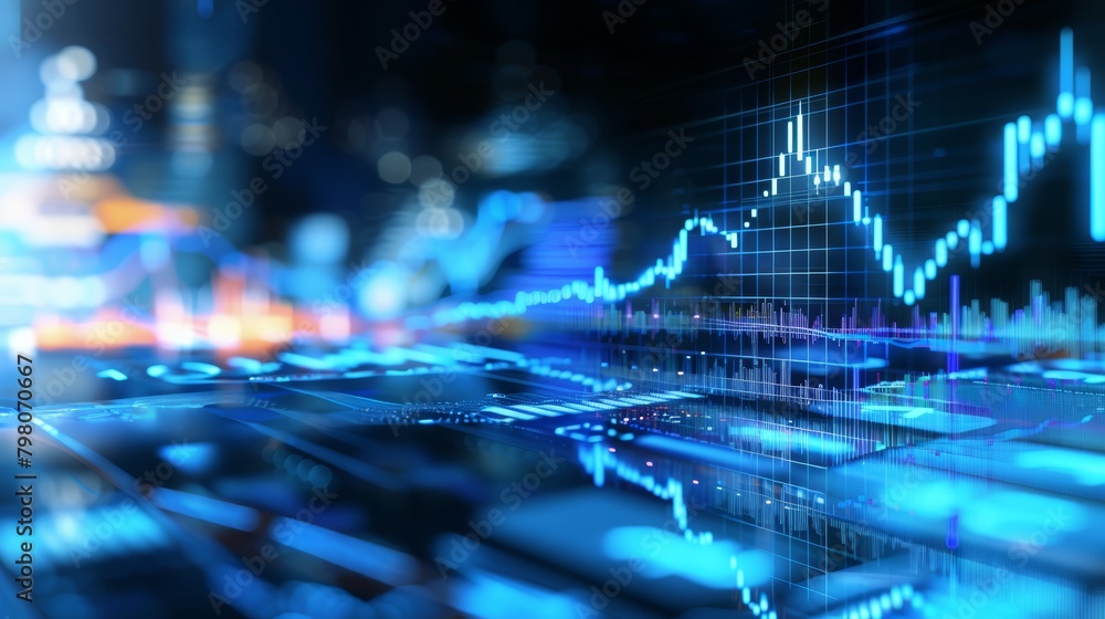 Close-up, realistic portrayal of digital charts analyzing stock market expansion and investments on a dark blue blurred backdrop Close-up, realistic portrayal of digital charts analyzing stock market expansion and investments on a dark blue blurred backdrop