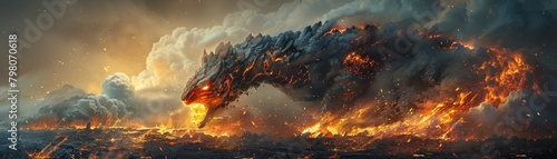 A large, fiery monster is depicted in the image, with its tail