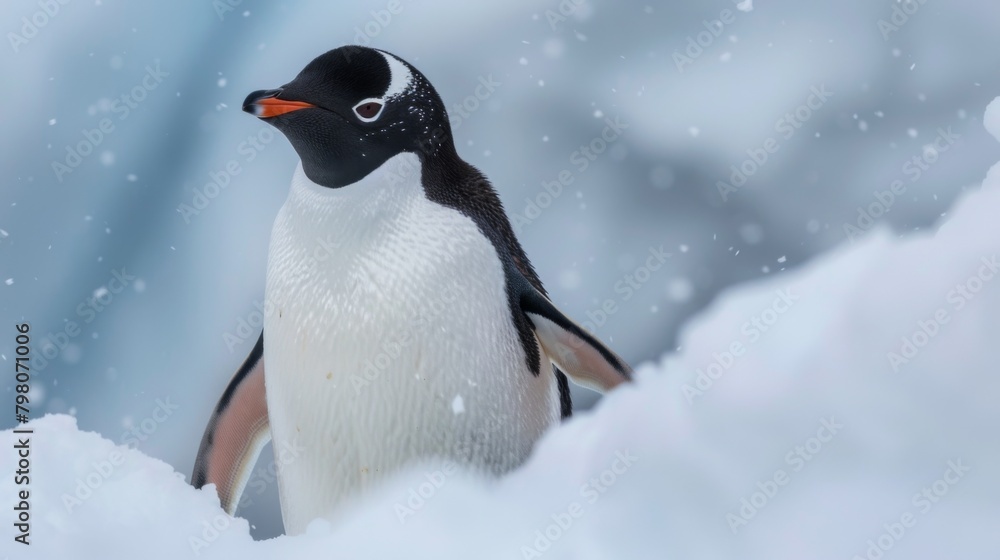 Obraz premium A majestic Gentoo penguin stands out against the soft focus of falling snowflakes and a white, cold background