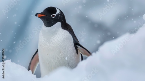A majestic Gentoo penguin stands out against the soft focus of falling snowflakes and a white, cold background