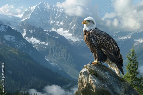 serene mountain landscape An eagle in flight catching fish from a lake,Bald eagle flying swoop hand draw and paint color on white background. Bald eagle in flight on isolated background © Sittipol 
