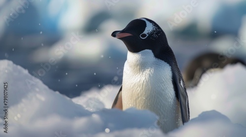 Beautiful image of an Adelie Penguin standing tall on a snow mound with a soft focus Antarctic background