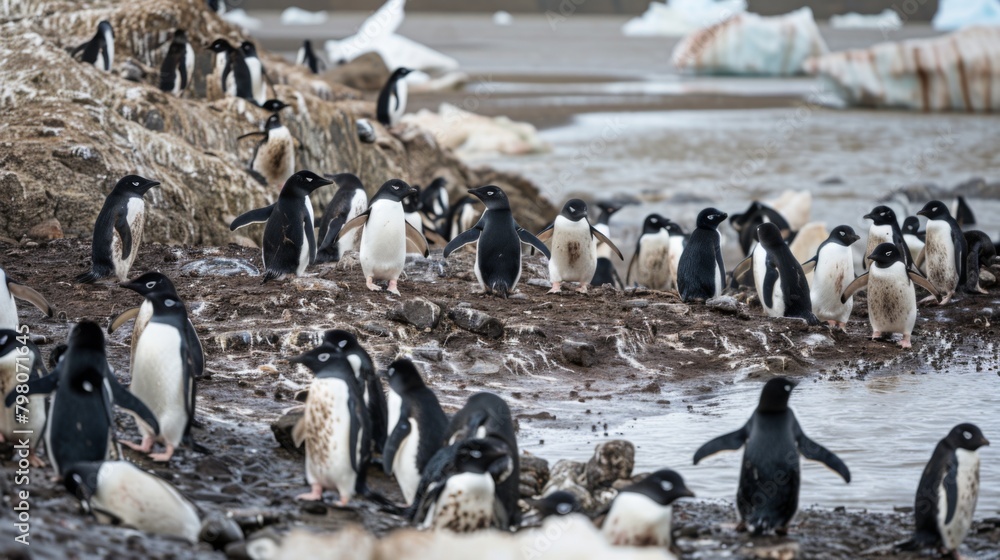Naklejka premium Scores of penguins march through the mud, depicting the migration habits of these resilient animals
