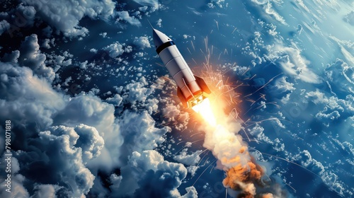 Space shuttle rocket flying in the sky with clouds background photo