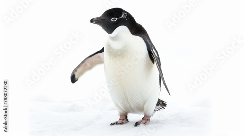 A full-body image of a Gentoo Penguin with a soft-focus background  standing upright on a snowy surface