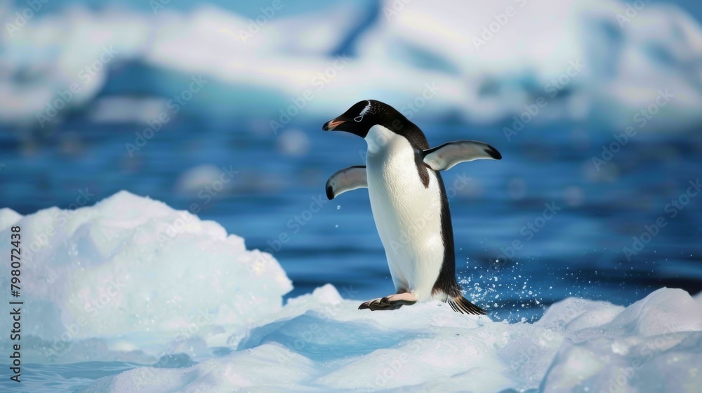 A dynamic shot of an Adelie penguin in mid-leap between two ice formations with clear blue skies in the background