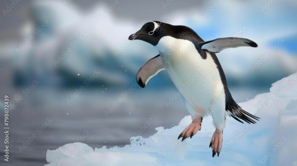 Fototapeta premium A beloved Adelie penguin spreads its wings, showcasing its natural habitat of snow-capped Antarctic mountains