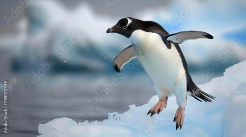 A beloved Adelie penguin spreads its wings, showcasing its natural habitat of snow-capped Antarctic mountains