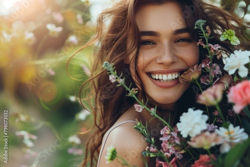 Smiling woman with a bouquet of flowers. © Jacek