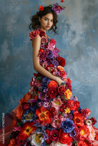Woman with a dress made of colorful flowers.. © Jacek