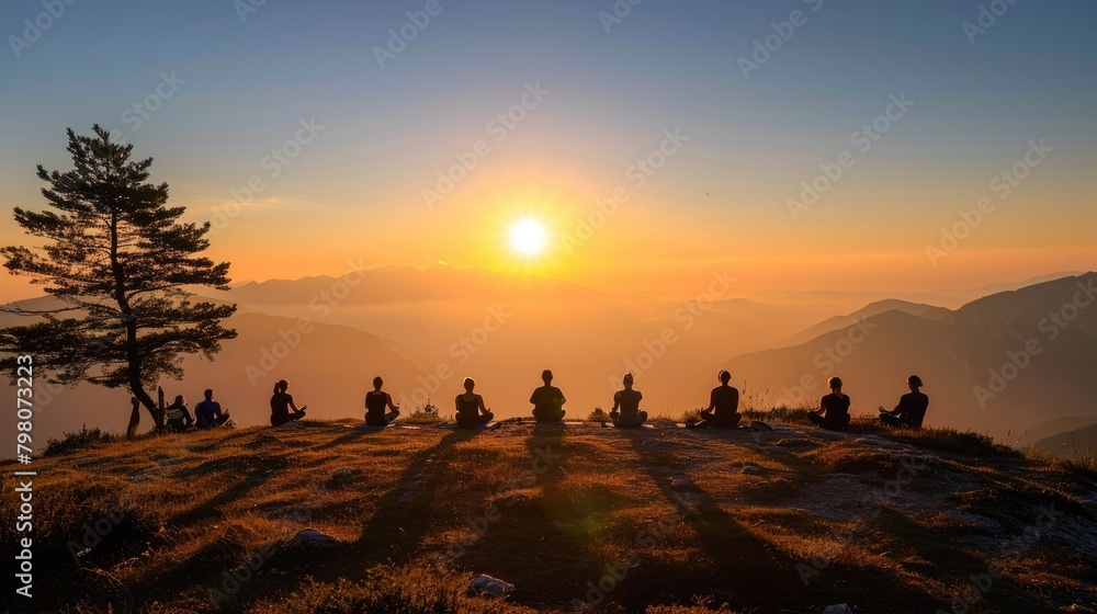 Naklejka premium Group of people practicing yoga poses at sunrise on a mountain peak above the clouds, symbolizing peace and mindfulness. Resplendent.