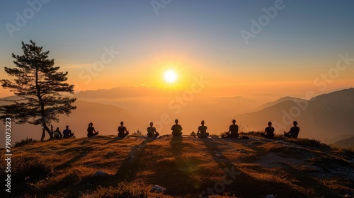 Group of people practicing yoga poses at sunrise on a mountain peak above the clouds  symbolizing peace and mindfulness. Resplendent.