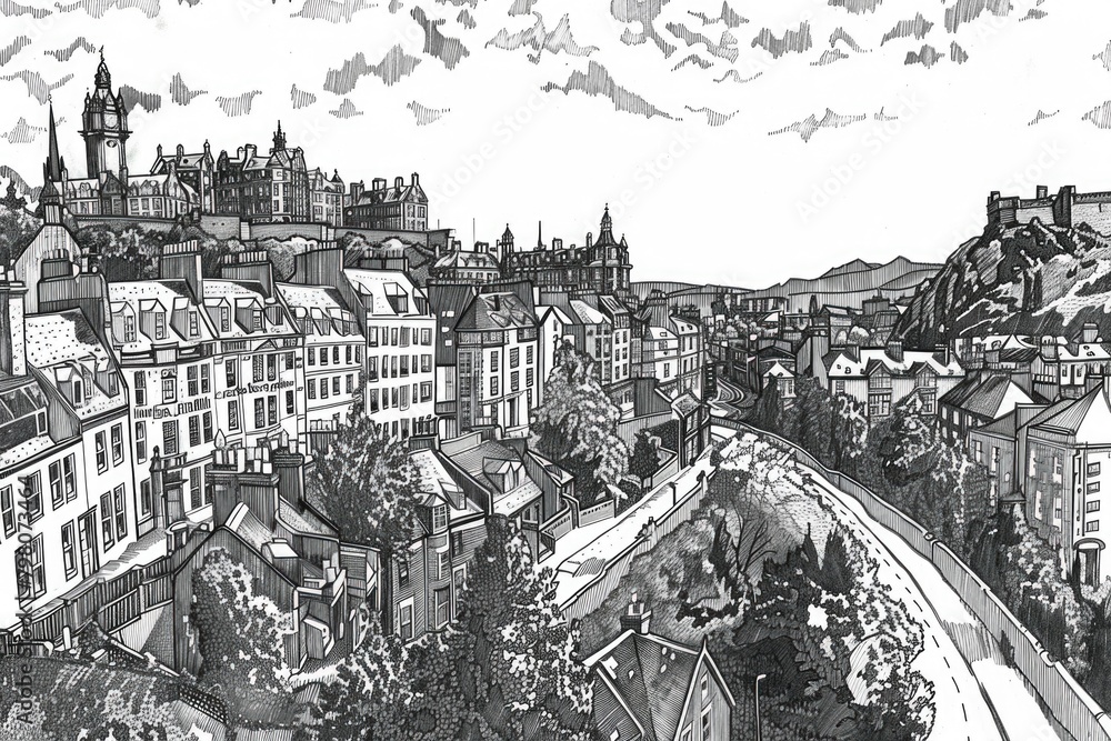 Detailed black and white drawing of a city, perfect for architectural projects