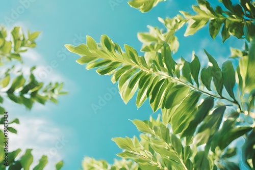 green leaves on blue sky background