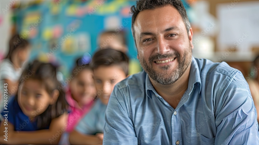 Portrait of a male teacher smiling on the classroom. Portrait of a male teacher smiling on the classroom.